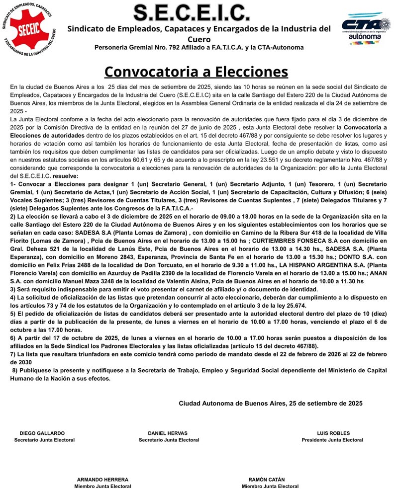 Convocatoria Oficial a Elecciones S.E.C.E.I.C. 2025
